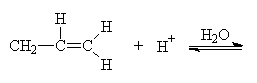 Samotn voda s propenem (propylenem) neraguje, nebo nen elektrofilnm inidlem. Proto se jako katalyztor pouv kyselina. Ta odtpuje vodkov kation H+, kter je elektrofilnm inidlem.