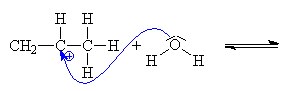 Volnm elektrofilnm prem na kyslku (je nukleofilnm inidlem) se napojuje voda na vznikl propylov karbokation. 